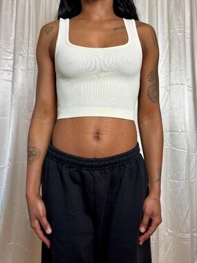 Zara White Ribbed Square Neck Crop Top